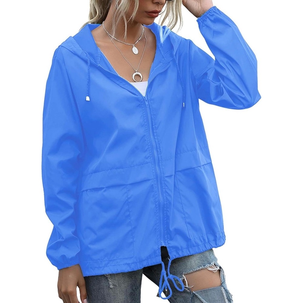 NWT Pesion Womens Light Blue Hooded Windbreaker Jacket XL Full Zip Packable NEW
